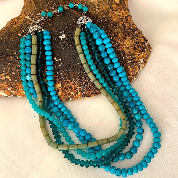 Jewelry - Boho Beaded Choker Necklace Blue Green Acrylic multi strand